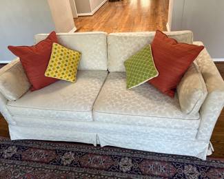 Cream Damask Loveseat measures 71" across (stain)cushions priced individually, $225.