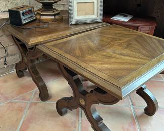 Pair of X base Drexel Espranto side tables crossbanded Hollywood regency tables $150. each.  Measure 20 x 24 x 18" height. Same tables, different look. 