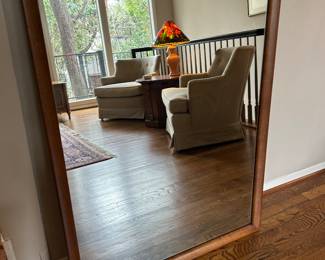 Mid-century wood framed mirror, 43 x 32"  approx, verso is wire hung vertically, very likely went with a dresser that is no longer here, appears to be solid walnut. $225. 