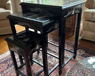 Set of black lacquer Chinoiserie Nesting tables with glass inserts (1 is missing) $250. 