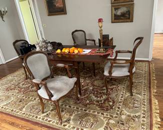 French or Italian style upholstered with brass tacks open arm chairs $85. each , sold in pairs shown with open bridge/ game table 