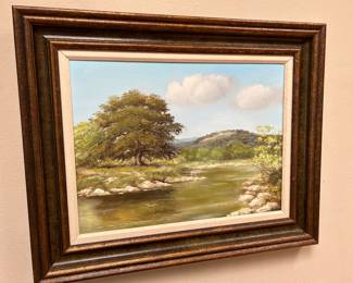 River Landscape Oil painting on 18 x 24" canvas  by Bette Lou Voorhis (1931 - 2020) Austin $500.