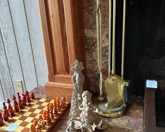 Russian Doll folding chess set $30, Heavy Brass Fireplace tool Set $75. Teodora Blancos