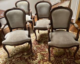 Set of 4 French /Italian styled open arm chairs upholstery is nubby and these should be recovered $85 each and sold as pairs on Indian Oriental rug