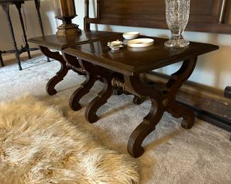 Pair of X base Drexel Espranto side tables crossbanded Hollywood regency tables. Measure 20 x 24 x 18" height $150. each, Flokati wool rug, 4' by 32" $85.