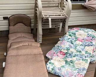6 Patio Chairs, 6 Flowered Cushions, 3 Brown Cushions