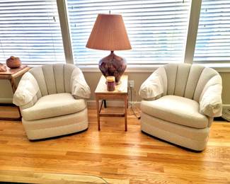 Pair of Cream Barrel Swivel Lounge Chairs, Two Toned Brown Ceramic Table Lamp