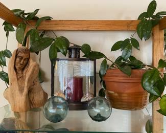 Potted Hoya Carnosa House Plant, Two Blown Glass Fishing Floats, Carved Wood Woman Sculpture by Cathy
