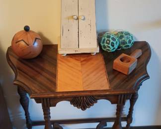 French Louis XIII Two Toned Inlaid Marquerty Side Table, Lidded Gourd Container by Heidi Anne Sanger, Two Japanese Blown Glass Floats, Light House Decor