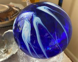 Blown Glass Blue Swirl Sphere
