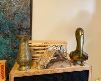 Solid Brass Pelican Figurine, Etched Brass Vase - Made in India