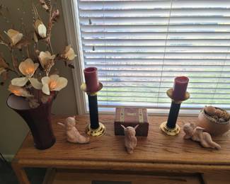 Pair of Brass/Black Pillar Candle Holders, Set of 3 Terra Cotta Angel/Cherub Figurines