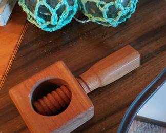 Hand Crank Walnut Cracker, Two Japanese Blown Glass Floats