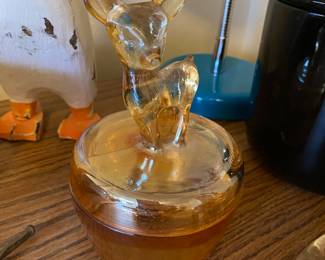 Jeanette Marigold Carnival Glass "Fawn" Trinket Covered Dish