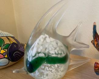 Bela Casas Green, White & Clear Blown Glass Fish Figurine