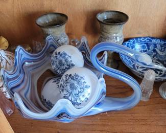 Blue/White Floral Design Glass Spheres, Hand Blown Glass Swan Bowl
