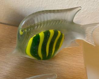 Blown Glass Cobalt Green, Yellow & Clear Angel Fish Figurine