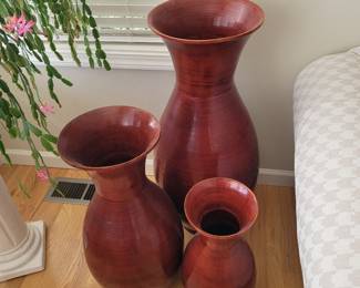 Set of 3 Red Lacquered Wood Floor Vases - Made in Vietnam