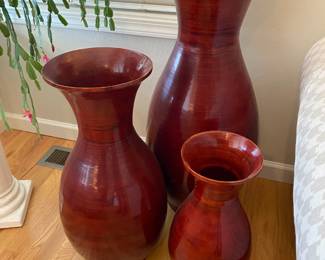 Set of 3 Red Lacquered Wood Floor Vases - Made in Vietnam