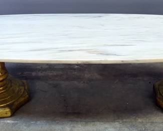 Oval Marble Top Double Pedestal Coffee Table, 16" x 68" x 22"