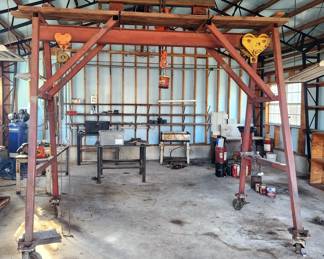A-Frame Gantry Crane With Robbins & Myers 3 Ton Trolley, Flying Horse 1 Ton Trolley With 1 Ton Zhejiang Wuyi Machinery Chain Hoist, Jet L-90 3 Ton Chain Hoist, 8" Wheels, Approx 11'6" H x 11' W x 6'3" D