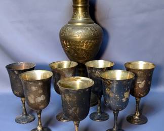 Salem Silver Plated 7" Goblets, Qty 7, And Brass 16" Urn Style Vase