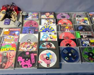 PlayStation 1 Arcade Stick Controller, PS1 Console Controllers, Qty 2, And Games Including Dragonball Z Ultimate Battle 22, Guilty Gear, Contender, Resident Evil Director's Cut, X-Men Mutant Academy, Inuyasha, WWE Games, Arcade Collection Games, And Assorted Japanese Localized Games