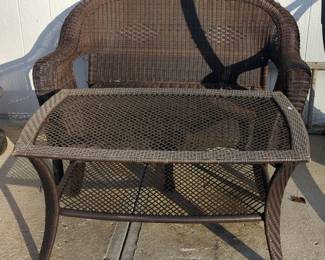 Wicker Outdoor Bench 37" x 53" x 32", And Two Tier Table 22.5" x 43.5" x 26"