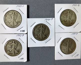 Walking Liberty Half Dollars, Qty 5, Including 1943 S, 1943 P, 1944 P, 1945 P And 1945 D
