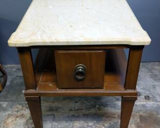 Rolling Marble Top End Table With Tapered Legs, 23" x 18" x 25"