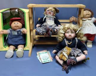 Cabbage Patch Dolls, Henry Burgess And Genevieve Shelly, Both With Birth Certificates, Porcelain Swan Collection Dolls, Qty 2, And Wooden Doll Swing