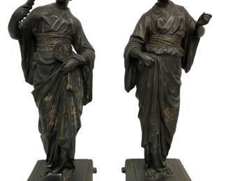 PAIR LATE 19TH EARLY 20TH C CHINESE GEISHA BRONZE STATUES