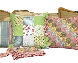 ASSORTED QUILTED, NEEDLEPOINT THROW PILLOWS