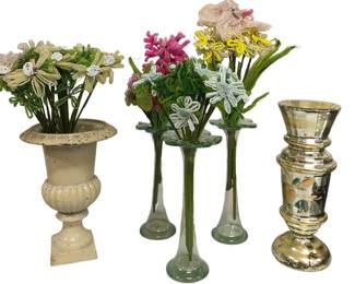 COLLECTION HAND PAINTED MERCURY GLASS, CLASSICAL VASE & VICTORIAN STYLE BEADED FLOWERS