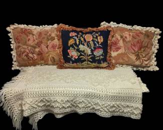 ANTIQUE FLORAL NEEDLEPOINT PILLOWS & WOOL THROW BLANKET
