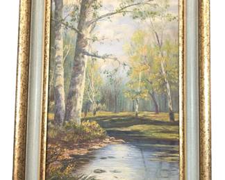 FRAMED ACRYLIC ON BOARD RIVER SCENE