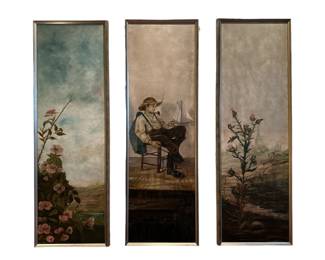 IDYLLIC FRENCH BOY & FLORAL OIL ON CANVAS TRIPTYCH