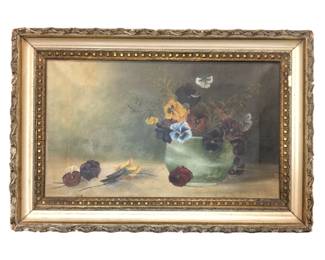 VICTORIAN OIL ON CANVAS OF PANSIES & VIOLETS, FRAMED