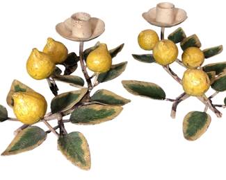 FRENCH TOLE PEINTE LEMON CANDLE HOLDERS, PAIR