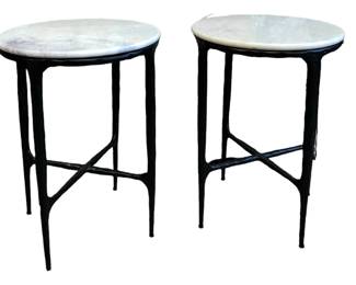 ROUND WHITE MARBLE AND IRON TABLES, PAIR