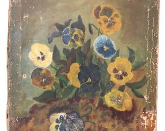 UNFRAMED PANSIES & VIOLETS OIL ON CANVAS, VICTORIAN