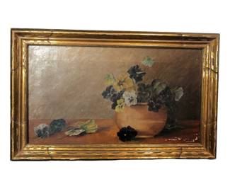 VICTORIAN OIL ON CANVAS OF PANSIES & VIOLETS, FRAMED