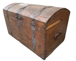 LATE 18TH CENTURY LARGE OAK AND CAST IRON HUMP BACK TRUNK