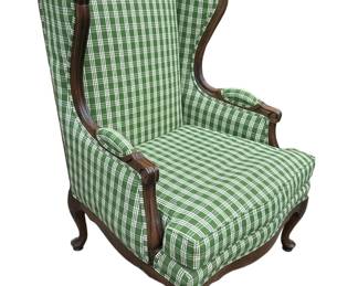 VINTAGE ETHAN ALLEN GREEN PLAID WINGBACK CHAIR
