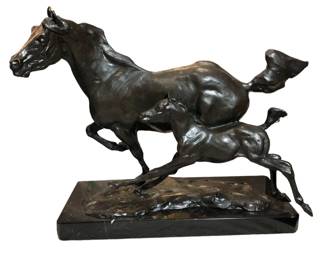 AFTER T.D. KELSEY MOTHER & FOAL HORSE BRONZE ON MARBLE BASE