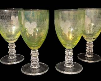 SET OF 4 GREEN ETCHED BOHEMIAN GLASS STEMWARE