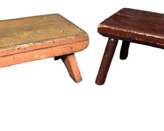 TWO ANTIQUE PRIMITIVE WOOD STOOLS