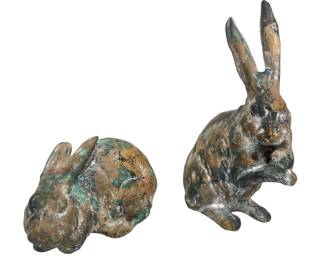PAIR ANTIQUE PAINTED METAL RABBIT STATUES