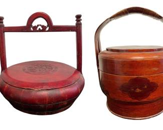 TWO ANTIQUE CHINESE RED LACQUERED WEDDING BASKETS