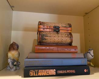 Books, ceramic Owl & blue jay